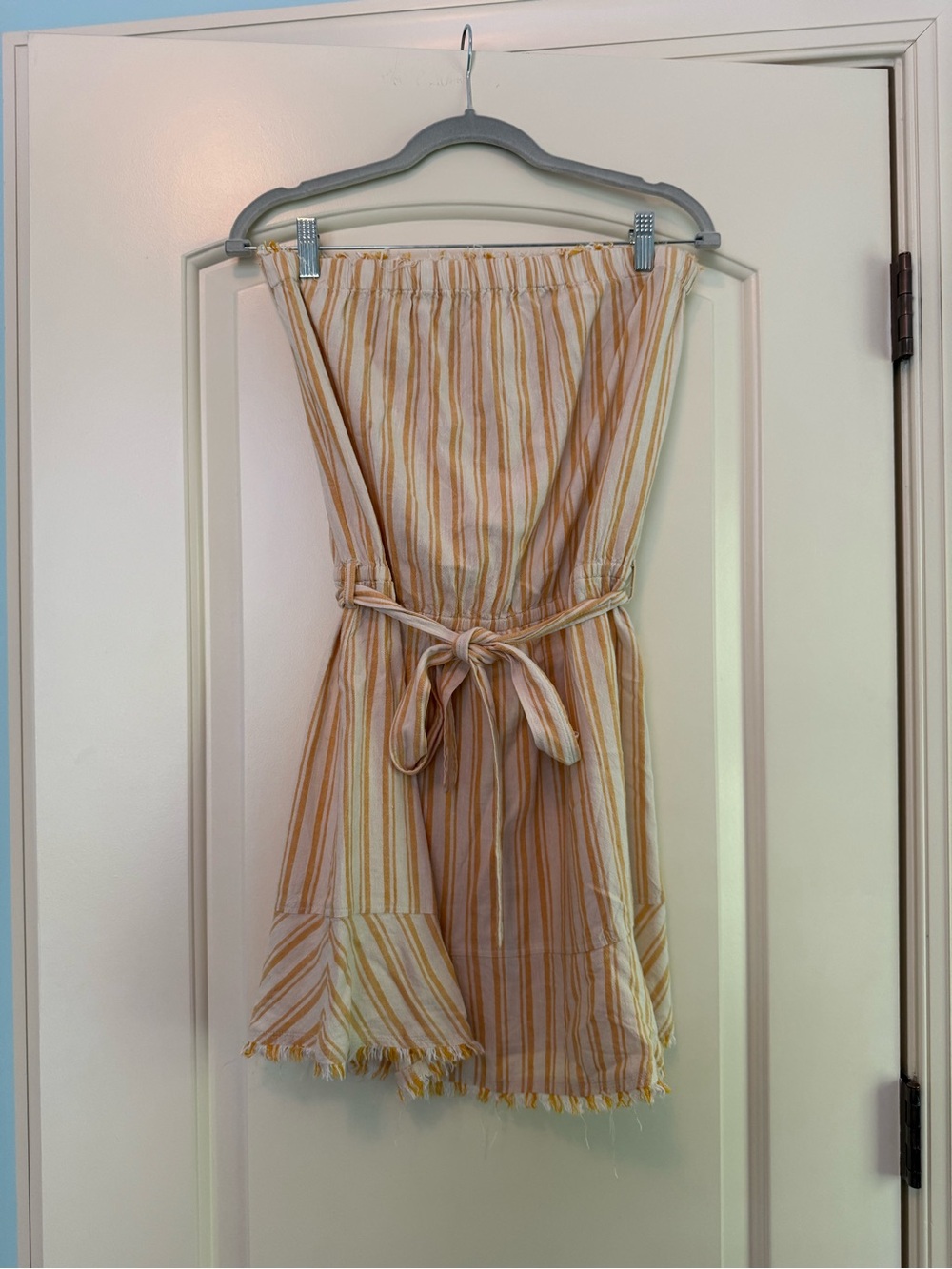 cloth & stone Yellow and White Striped Strapless Dress with Fringe Trim